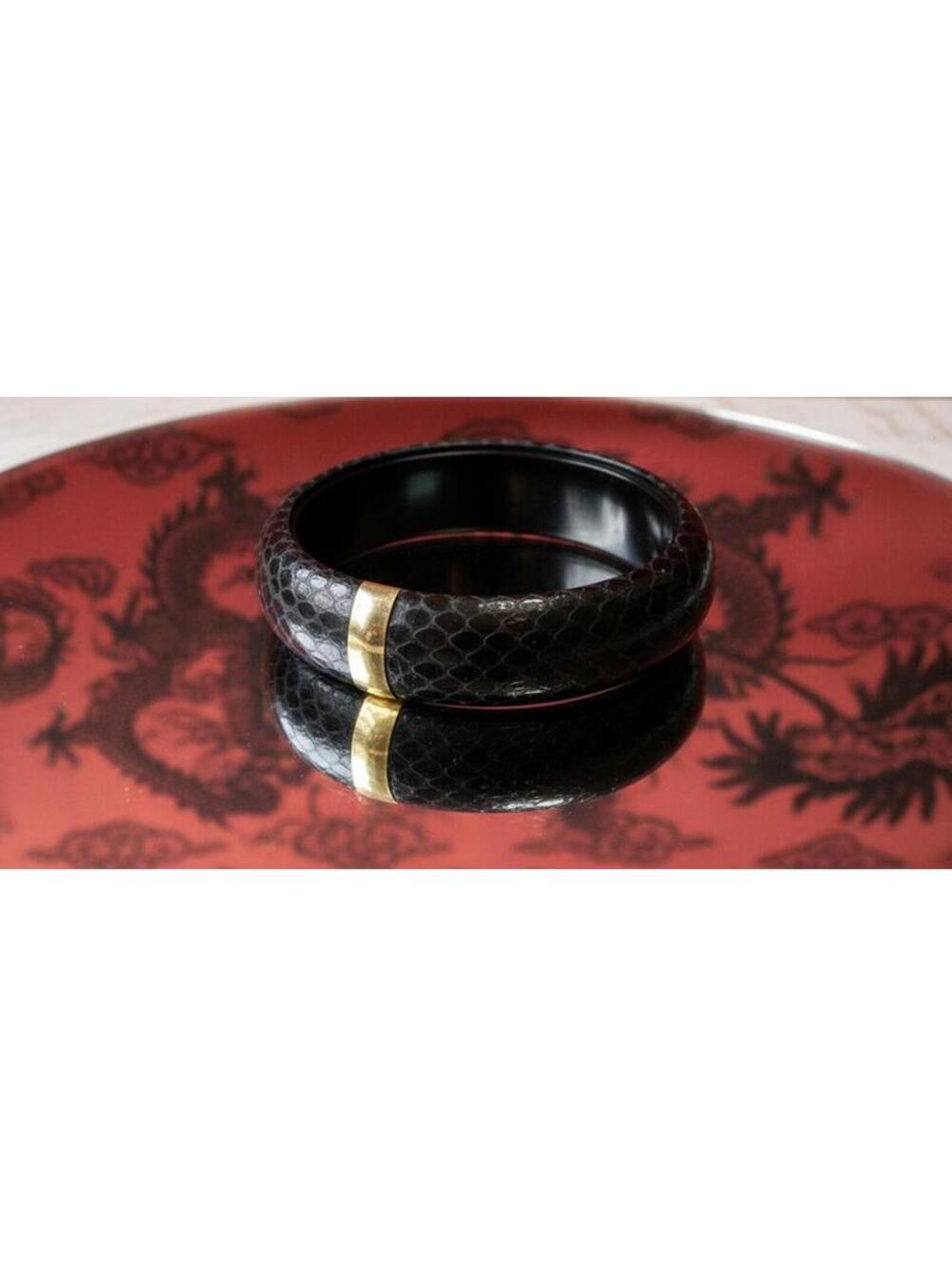 Vintage Black Snakeskin Bangle With Gold Plated Accessory BY SHEKA